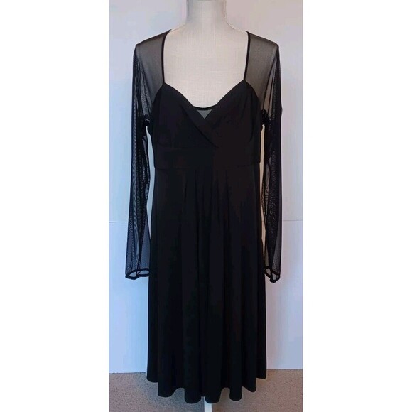 Scene By Donna Ricco Sz L Black Midi Evening Dress w/Mesh Sleeve Shoulder Back - Picture 1 of 10